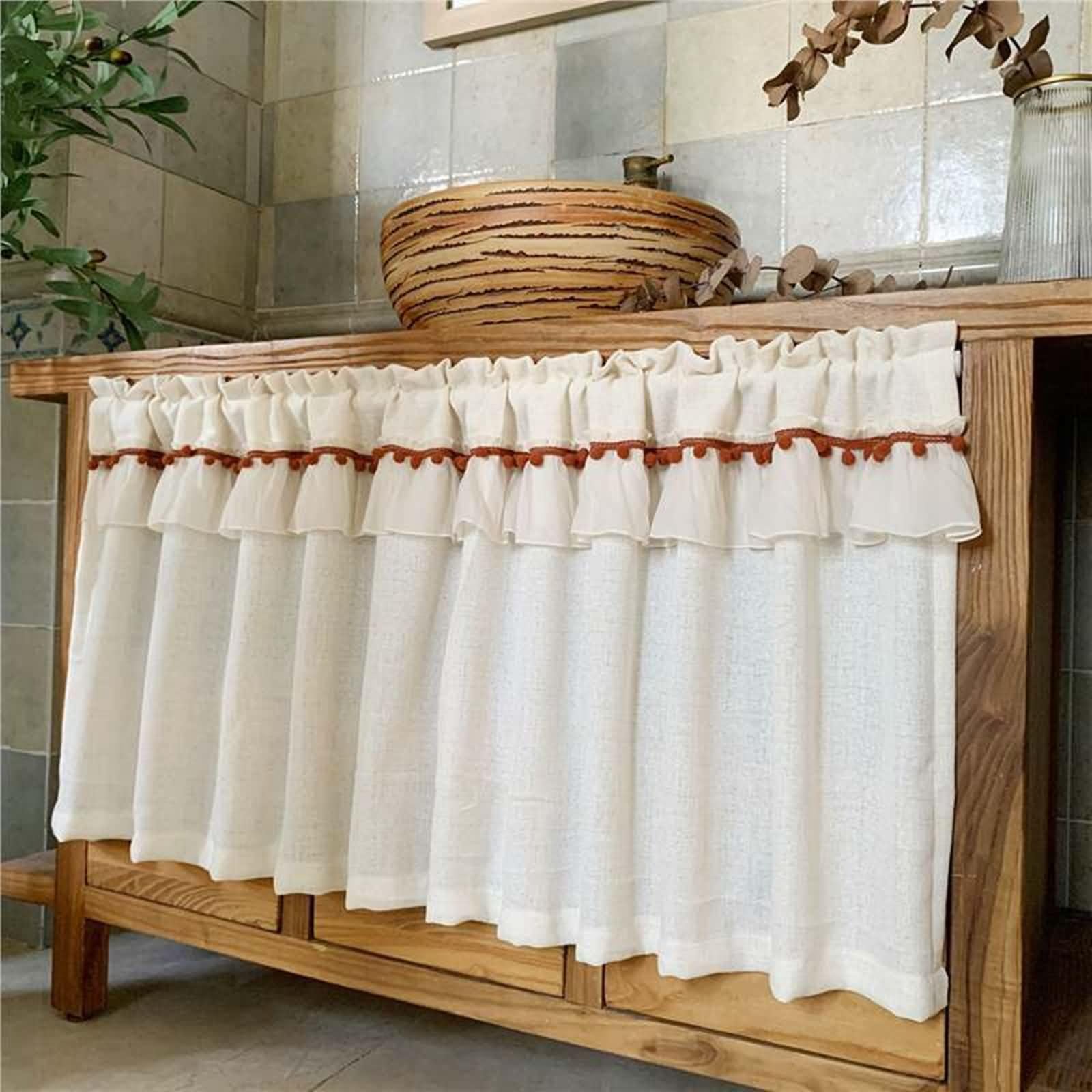 Küchen-Vorhänge 1 Stück Kurz,200 cm Breit,Klettverschluss | Einfarbig mit Pompon,Pflegeleicht Polyester,Lichtdurchlässig,Beige Weiß,200 x 100 CM