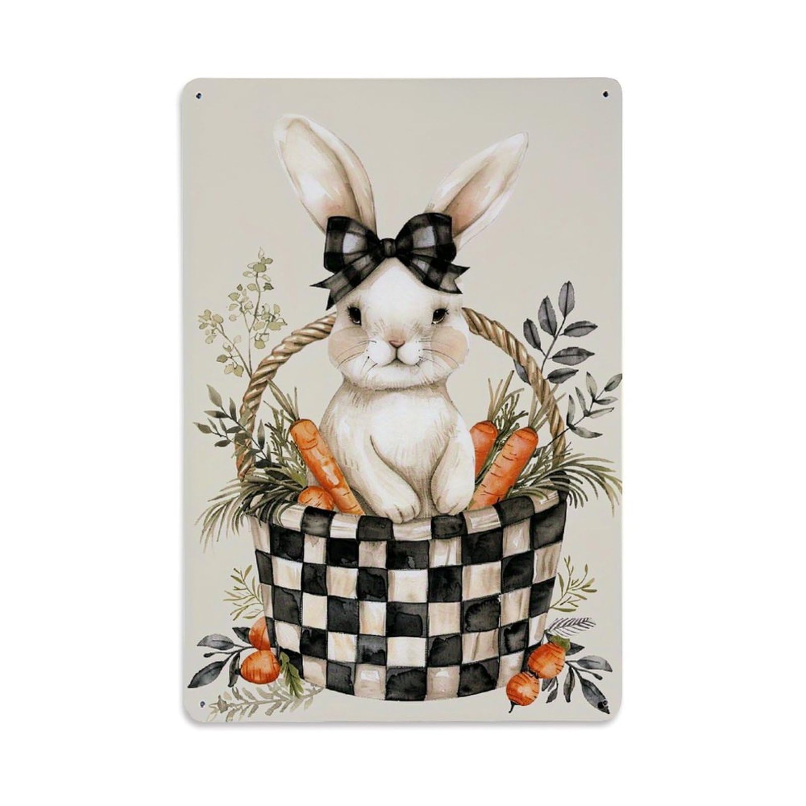 Checkered Basket Bunny Carrots Leaves Retro Metal Tin Sign, Vintage Decor Art Poster for Bar, Home, Man Cave, Kitchen, Laundry Room Gift 8x12Inch