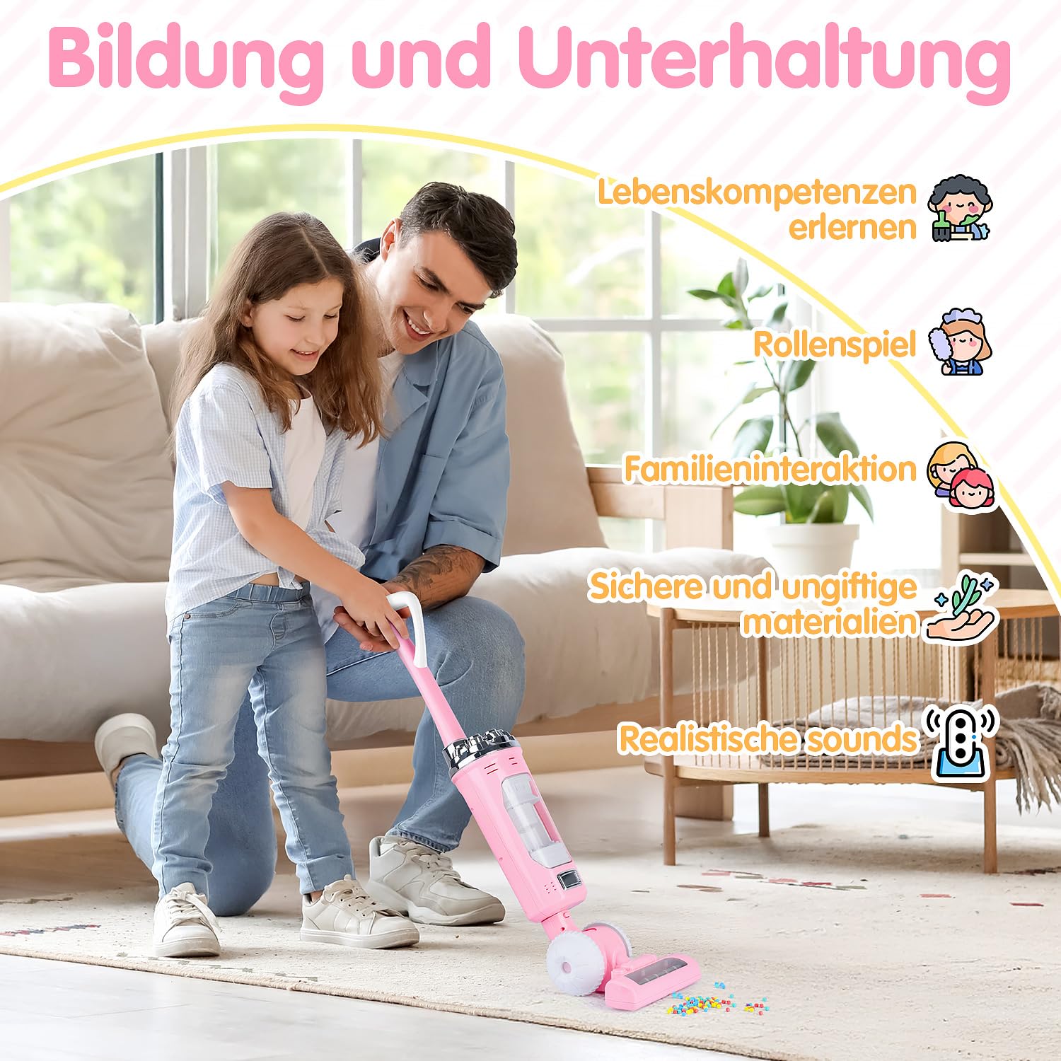 PLAY 2 in 1 Kinder Staubsauger Set, Elektrischer Staubsauger Spielzeug mit Eva-Granulat, Saugen und Soundfunktion, Staubsauger Putzset für Kinder, Jungen und Mädchen ab 3 Jahren (Rosa)