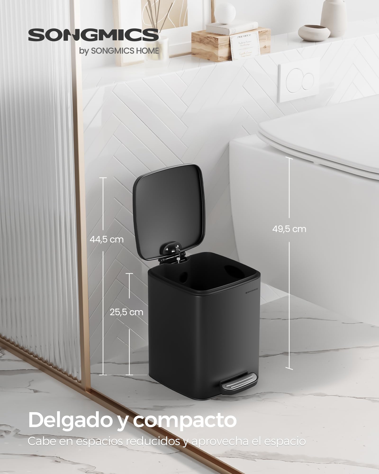 SONGMICS Cubo de Basura de Baño, 6 L Cubo Basura Compacta, con Pedal, para Espacios Pequeños, con Tapa de Cierre Suave, Acero, Negro LTB590B0602