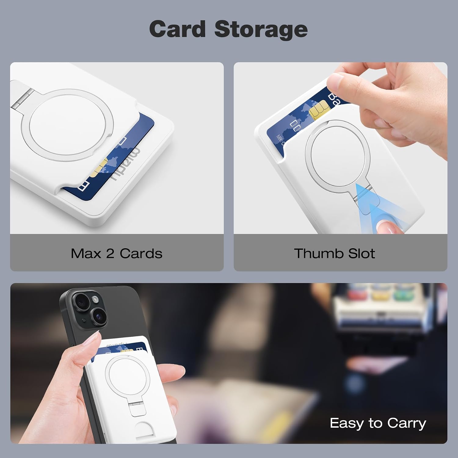 Images demonstrating the card storage feature of the power bank, showing how to insert and remove up to two cards using the thumb slot.