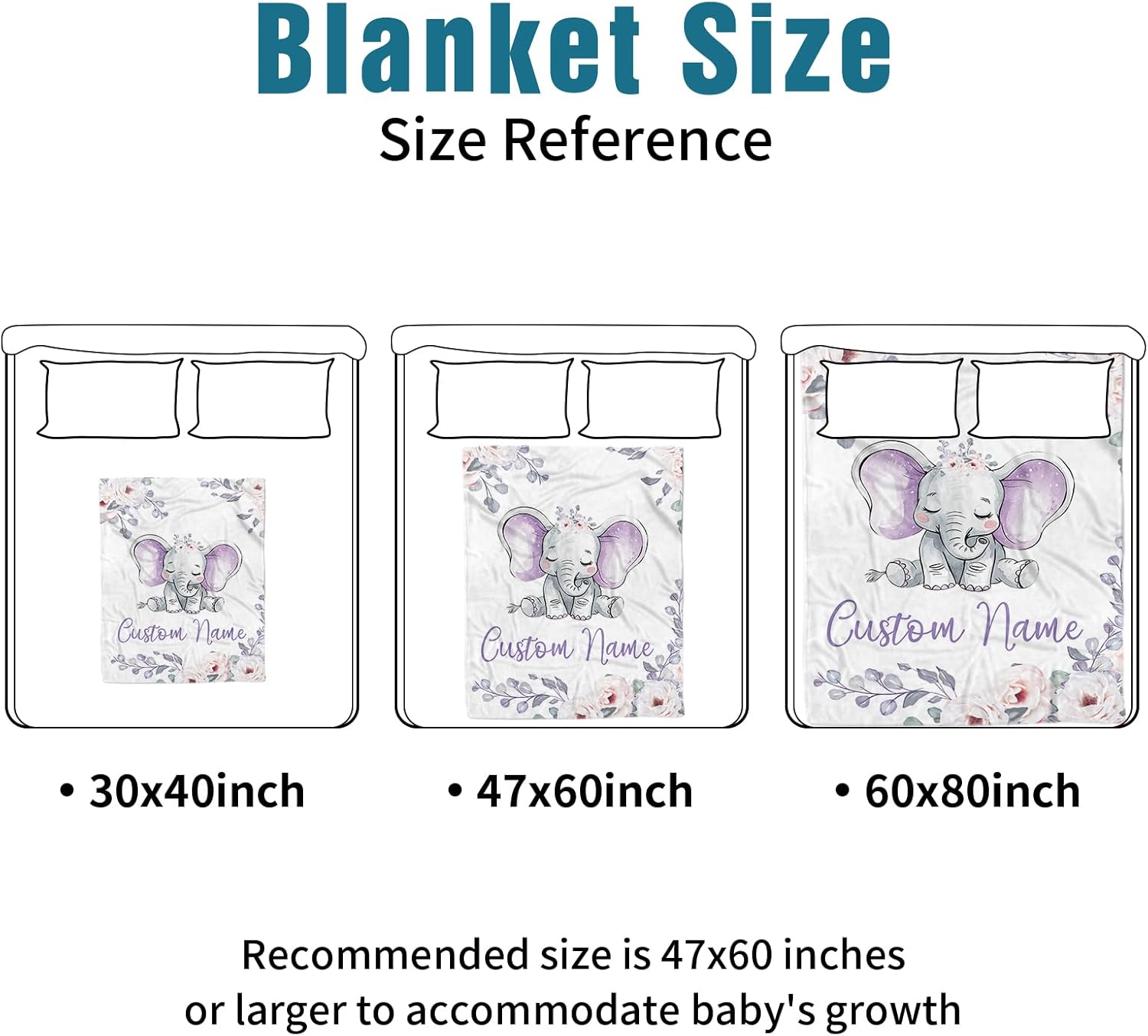 Custom Name Crib Bedding Set 3-Piece – Light Purple Elephant Design Baby Bedding Set with Personalized Soft Blanket, Fitted Sheet, Changing Pad Cover – Ideal Newborn Gift for Boys and Girls
