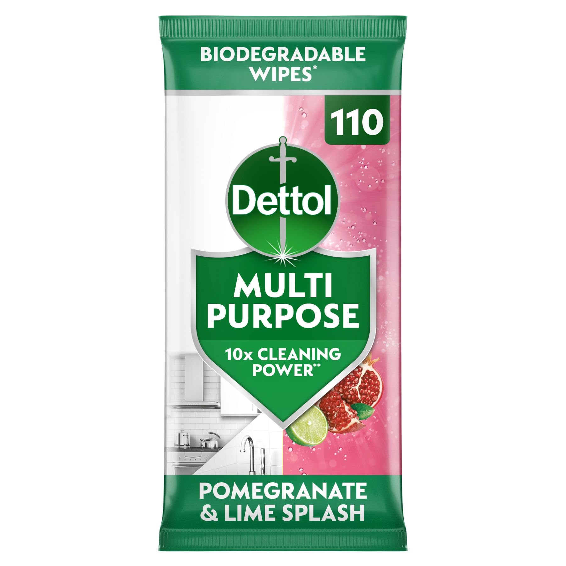 Antibacterial Multipurpose Cleaning Biodegradable Wipes, Pomegranate and Lime, 110 Wipes, Disinfectant, Home Hygiene, Kills 99.9 Percent of Germs