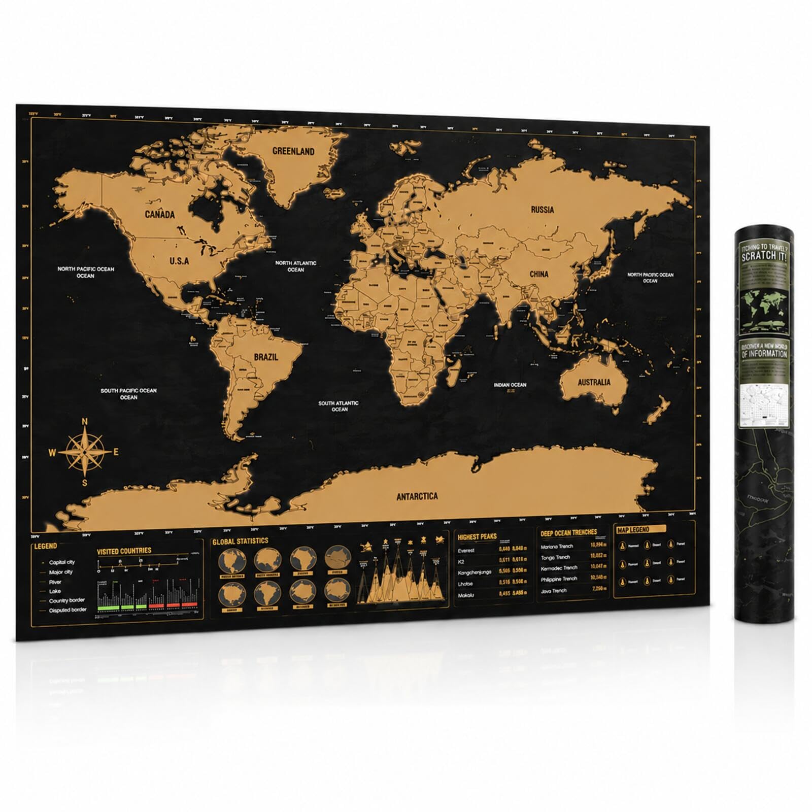 Carte Détaillée à Gratter du Monde, Hillylolly Carte du Monde à Gratter, Carte Monde de Voyage & Poster, Scrape Off World Map, Scratch Off Travel Map, 42.5 * 30 cm, Emballage Tube Carton