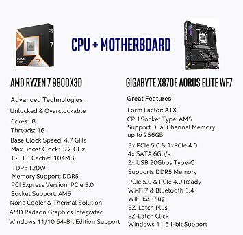 Micro Center AMD Ryzen 7 9800X3D CPU Processor with GIGABYTE X870E AORUS Elite WIFI7 AM5 Motherboard (ATX, DDR5, 4X M.2, PCIe 5.0, USB4)