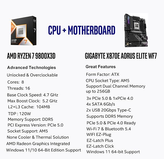 Micro Center AMD Ryzen 7 9800X3D CPU Processor with GIGABYTE X870E AORUS Elite WIFI7 AM5 Motherboard (ATX, DDR5, 4X M.2, PCIe 5.0, USB4)