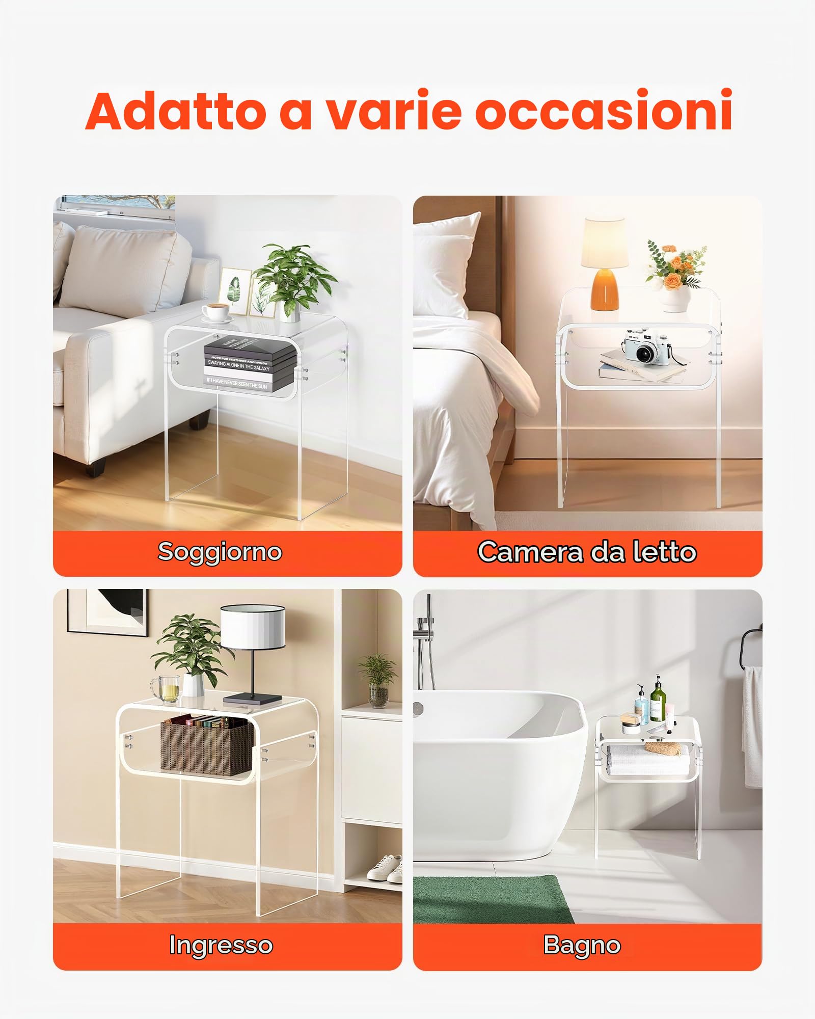 VEVOR Tavolino in Acrilico, Comodino Trasparente a 2 Livelli con Ripiano, Rettangolare Moderno in Acrilico, Comodino Spesso per Camera da Letto, Soggiorno, Studio, 30 x 40 x 50 cm