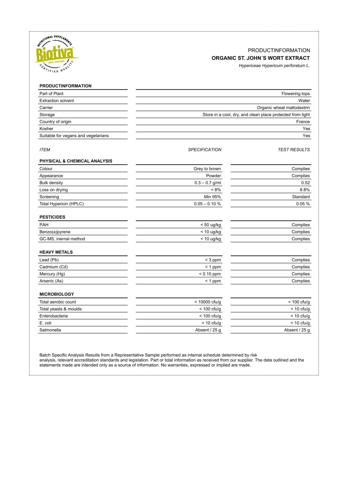 Extrait de millepertuis perforé bio 120 Gélules - Hypericum perforatum - Sans agent de séparation - Sans matière de remplissage - Issu de l'agriculture bio contrôlée- Biotiva