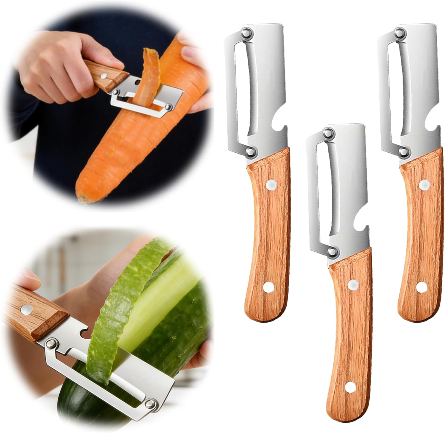 2026 New Multifunctional Vegetable Peeler for Kitchen, with Wooden Handle and Bottle Opener Ultra-Sharp Stainless Steel Blade for Fruit Apple Potato (3pcs)