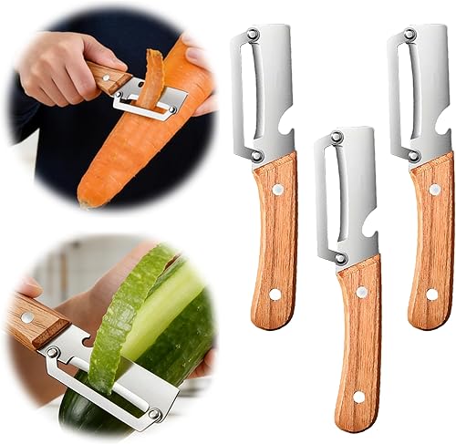 Nuevo pelador de verduras multifuncional para cocina, con mango de madera y abridor de botellas, hoja de acero inoxidable ultra afilada para frutas,