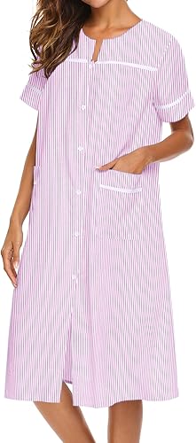 Miniatura 2 de Ekouaer Vestido de casa para mujer con bolsillos, con botones, abrigo de casa de manga corta, camisón Mumu S-XXXL