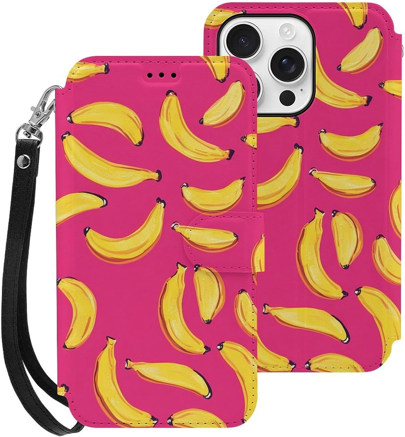 Bananas Art Hand Drawing Compatible with iPhone 16/16 Plus/16 Pro/16 Pro Max/16 E Case Phone Wallet Card Holder Flip Cover with Wrist Strap
