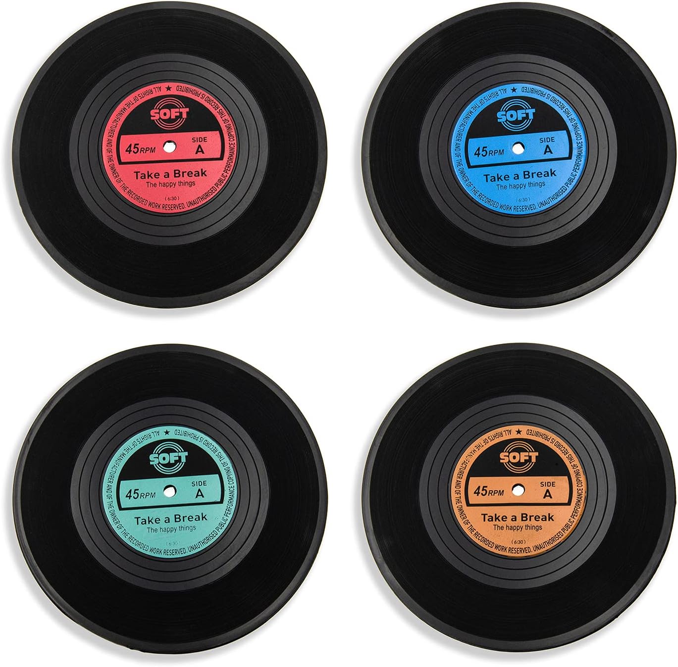 TAHOME Anti-Skid Vinyl Coasters -4 Pcs of Set Music Coasters Colorful Retro Disk Funny Coasters for Wine Glass Rubber Black Cup Mat (4.2 Inch,Circle,Black,4Pcs ,Soft Coassters)