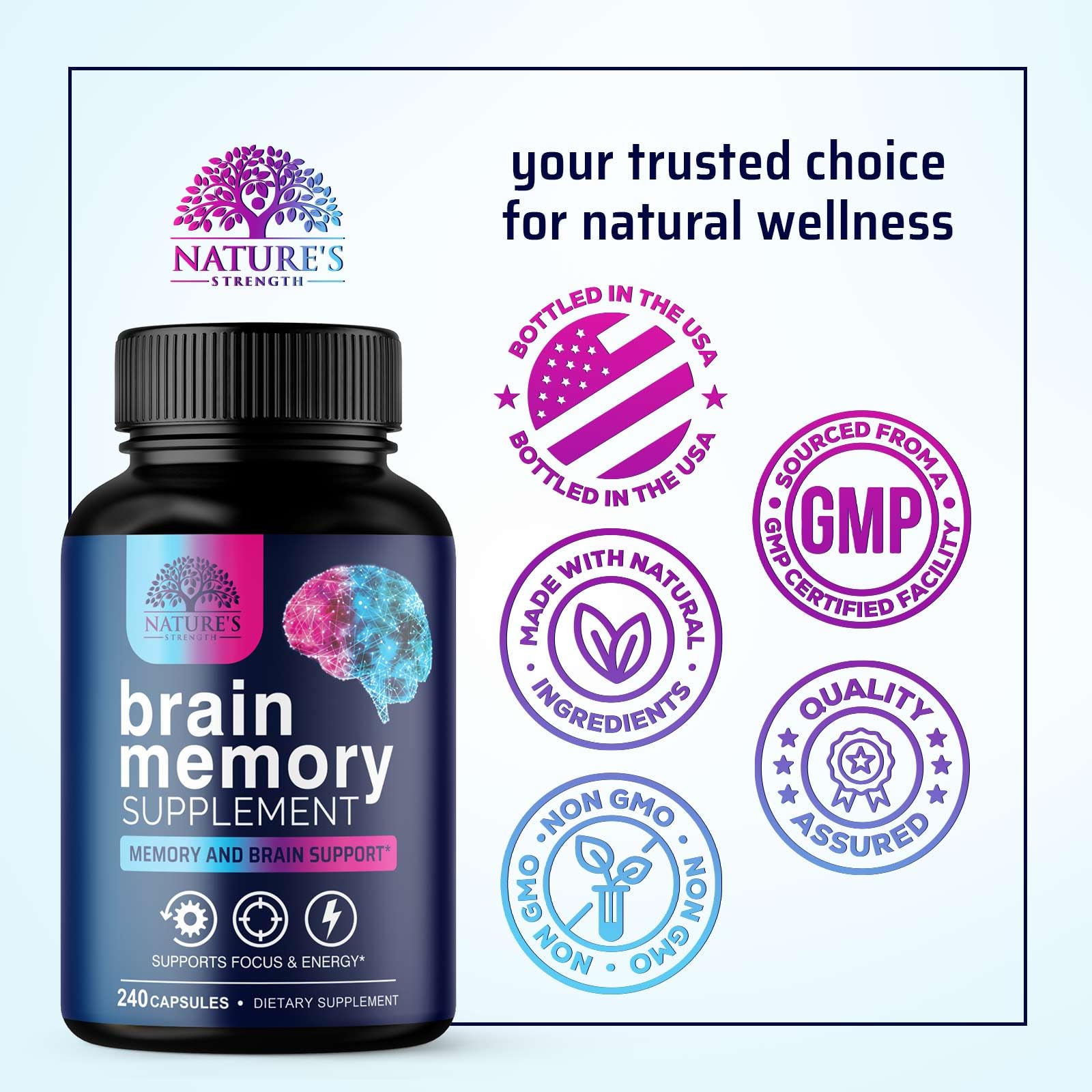 Brain Memory Supplement Pills - 3X Strength Nootropics for Concentration, Clarity & Focus Support - Brain Health Cognitive Vitamins with Bacopa, Phosphatidylserine & DMAE, Brain Booster - 240 Capsules — Amazon image 4