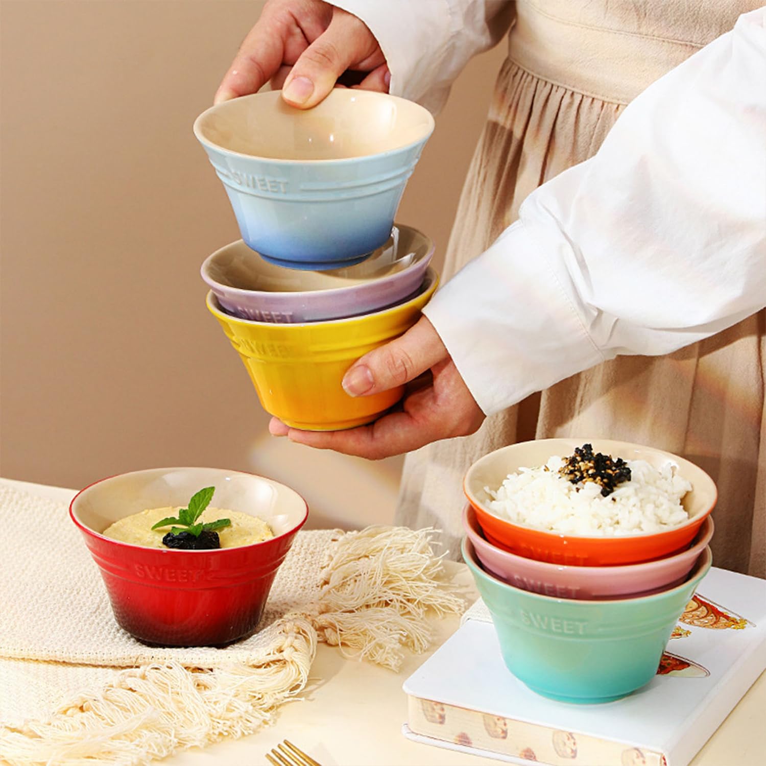 Großes Müslischalen-Set, 400 ml, Suppenschüsseln, mikrowellengeeignet, Reisschalen, Keramik-Frühstücksschalen (Khaki, 4 Stück)