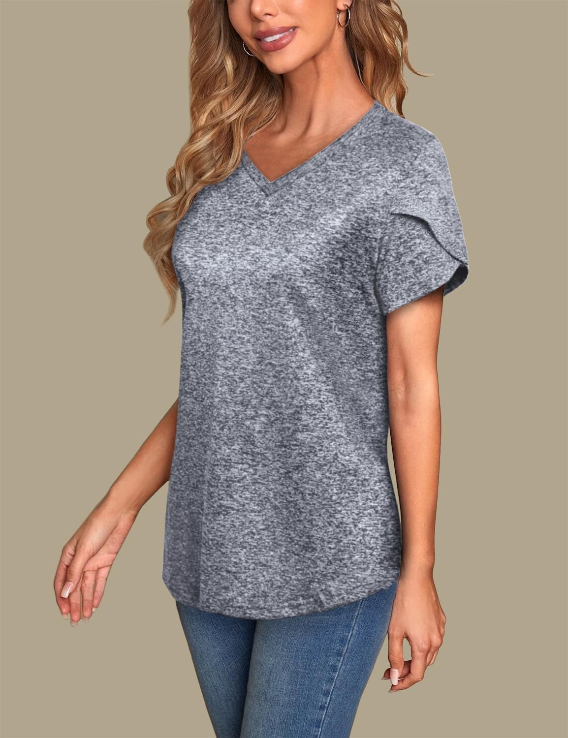 MISS FORTUNE Womens V-Neck Short Sleeve Activewear T-Shirt Petal Sleeve Casual Athletic Moisture Wicking Fitness Tops - Image 2