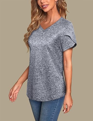 Miniatura 8 de MISS FORTUNE Camiseta de manga corta con cuello en V para mujer manga corta estilo pétalo informal absorbe la humedad Azul