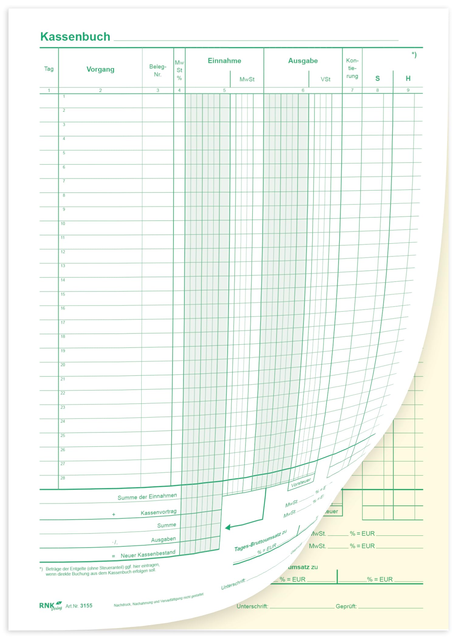 RNKVERLAG- Kassenbuch mit Umsatzsteuererfassung, im DIN A4 Format, perforiert, selbstdurchschreibend, Kassenbuch mit 2 x 40 Blatt (1x Weiß, 1x Durchschrift in Gelb), 1 Stück