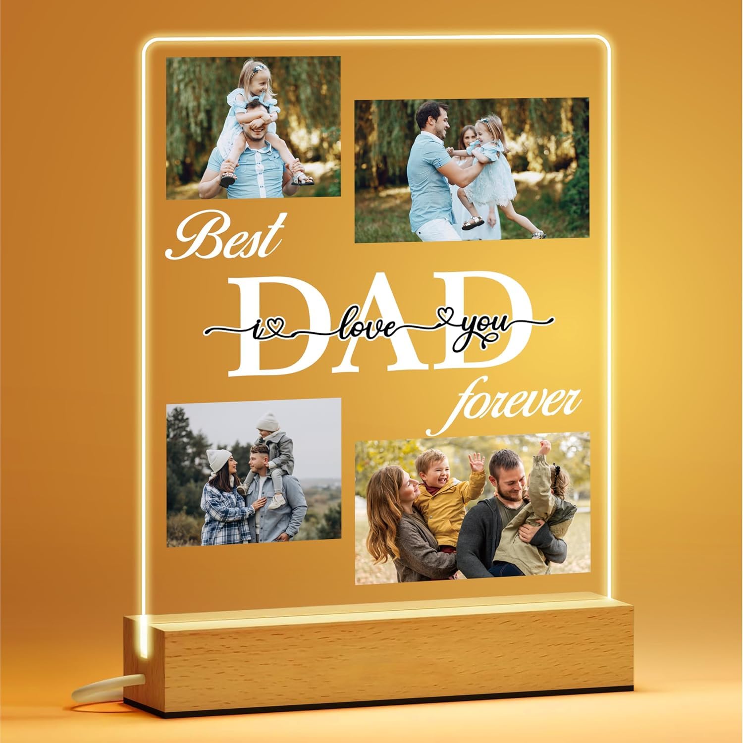 PB TECH Personalised LED Acrylic Photo Plaque for Dad β Custom Fatherβs Day Night Light Gift with Photos & Text β Wooden Base Plaque β Birthday Christmas Gift for Dad from Daughter Son (Design 1)