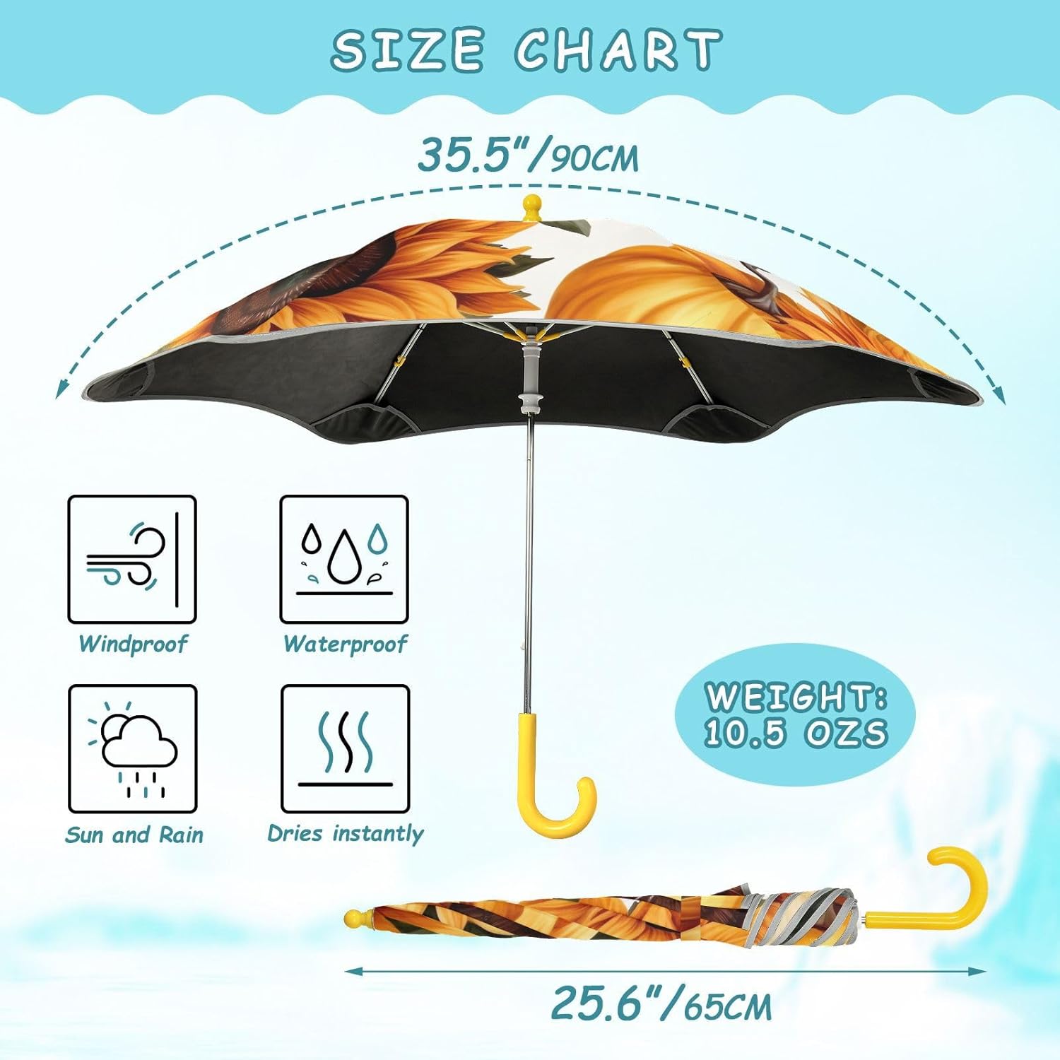 ODAWA Vintage Sunflower Yellow Kid Umbrellas Windproof Unbreakable Stick Rain Umbrella Portable Umbrellas for Rain
