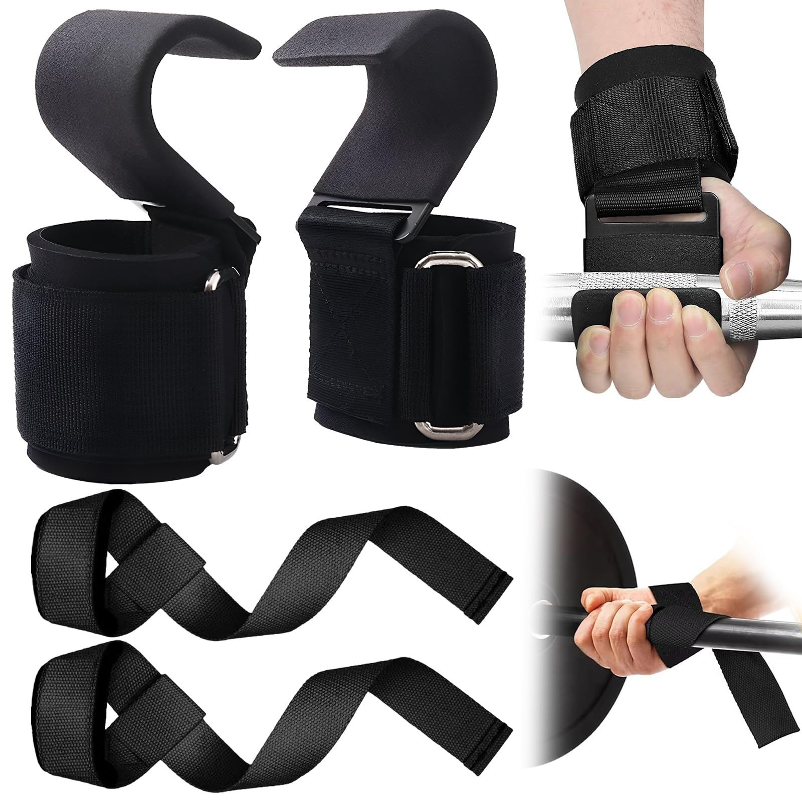 2 Paare Zughilfen Krafttraining, Zughilfe Haken, Lifting Straps, Griffhilfen Kraftsport, für Krafttraining, Bodybuilding, Fitness Unisex (Schwarz)