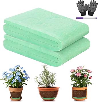 2-Pack Flower Pot Filler Insert Set with 59.05"x11.81" Green Drainage Mat & Black Gloves - Lightweight Planter Base for Indoor/Outdoor Garden Containers