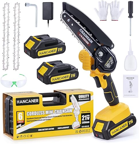 Mini motosierra inalámbrica de 6 pulgadas, motosierras Hancaner alimentadas por batería con bloqueo de seguridad apto para personas mayores,