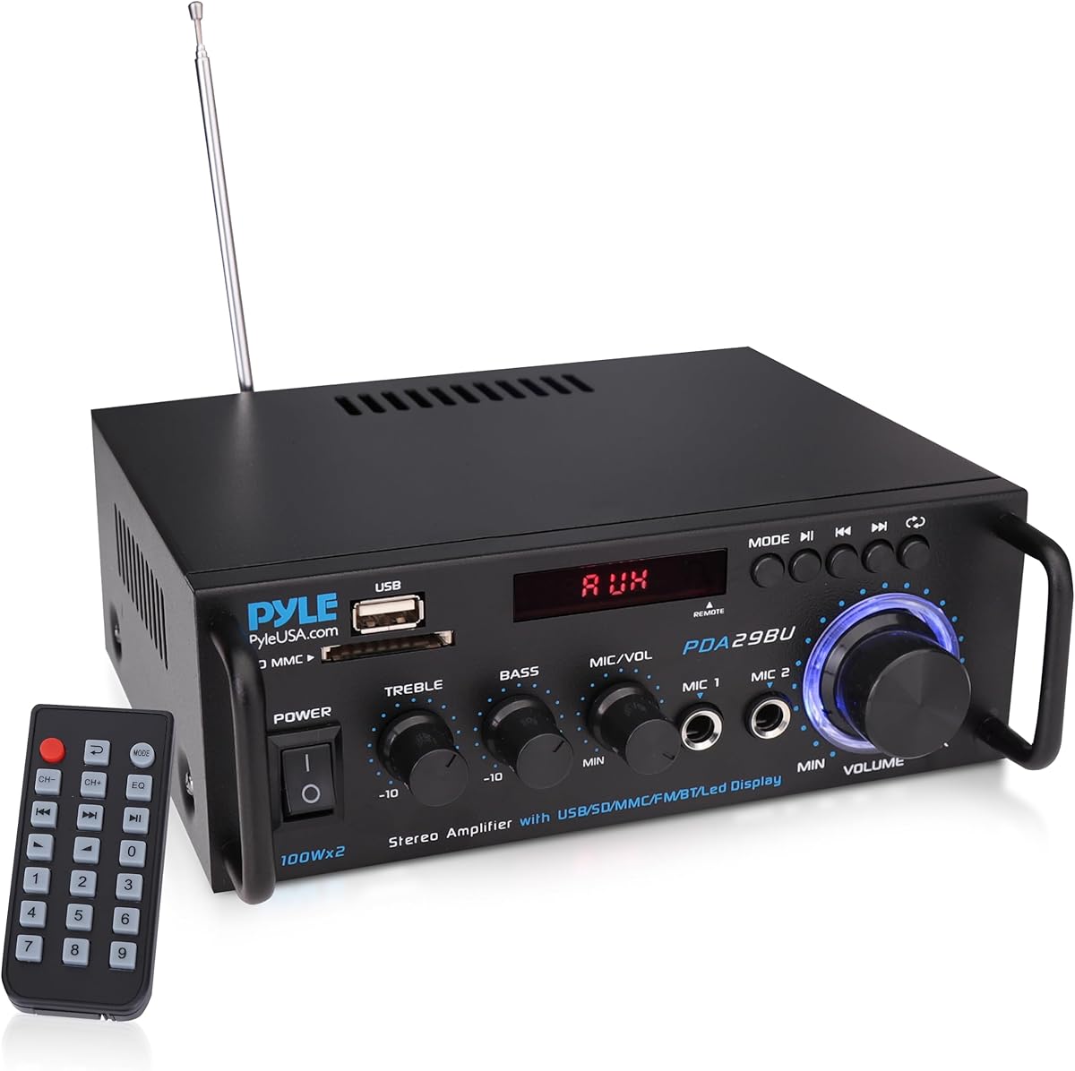 Pyle 200W Stereo Power Amplifier with Bluetooth - Dual Channel Audio Receiver - LED Display - RCA - USB - SD - MIC IN - FM Radio - AUX Input - Perfect for Home & Computer Audio - PDA29BU.5