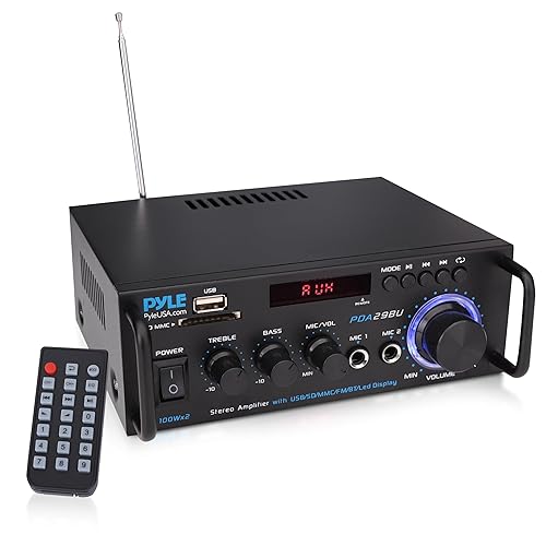 Pyle 200W Stereo Power Amplifier with Bluetooth - Dual Channel Audio Receiver - LED Display - RCA - USB - SD - MIC IN - FM Radio - AUX Input - Perfect for Home & Computer Audio - PDA29BU.5