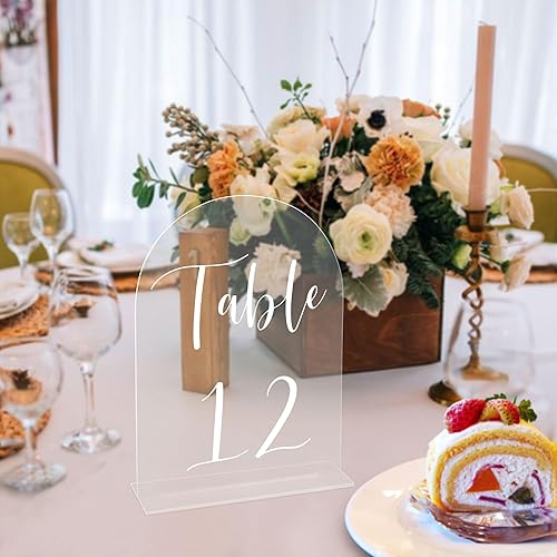Miniatura 58 de JOYIT Números de mesa de boda de arco del 1 al 30 con soportes: letreros acrílicos impresos de doble cara de 5 x 7 pulgadas con fondo negro y texto