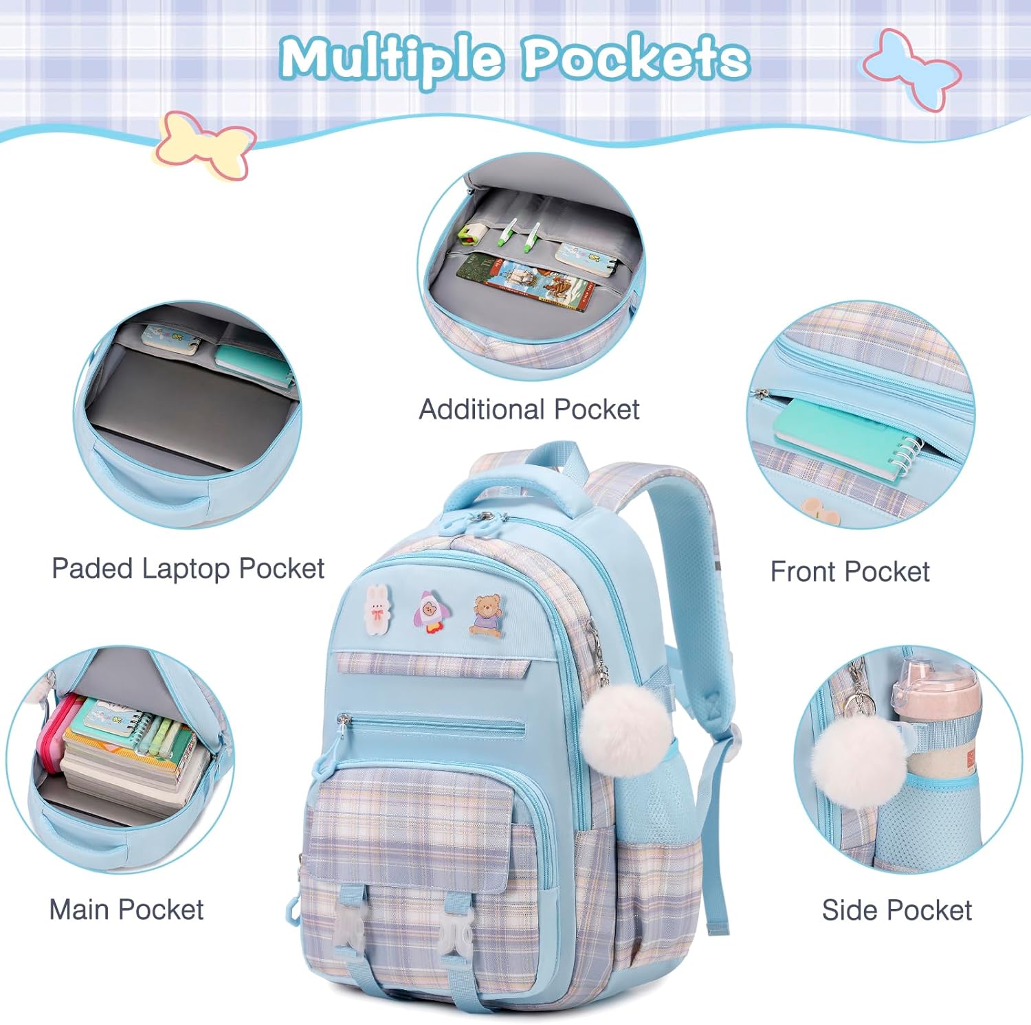 3PCS School Backpack for Girls, Girls Backpack with Lunch Box, Pencil Case, Cute Kawaii Plaid Book Bag for Teen Girl Kindergarten Elementary Preschool Middle High School, Blue