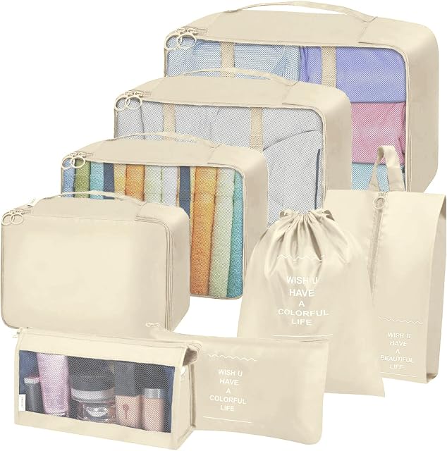 Packing Cubes for Suitcases 8 PCS Travel Luggage Packing Cubes for Travel Backpack Waterproof Travel Essentials Bag Clothes Shoes Cosmetics Storage Bags (Beige)
