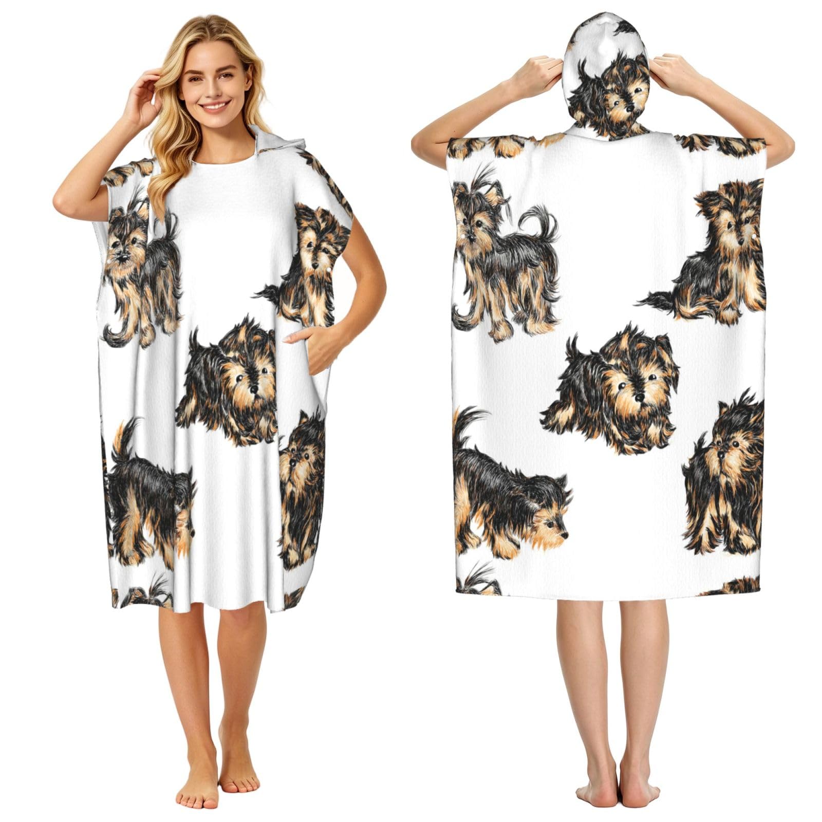 Poadnly Yorkshire Terrier, Adult Hooded Beach Towel 90 x 110 cm,Changing Bath Robe, Surf Poncho Towel For Women Men
