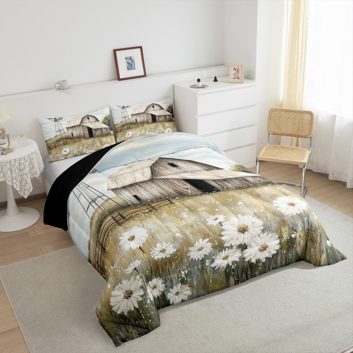 Erosebridal Farmhouse Bedding Set Queen Size Rustic Barn Farm Scene Comforter Rural Country Wild Flowers Quilt Countryside Down Comforter,All Season & Soft Cozy
