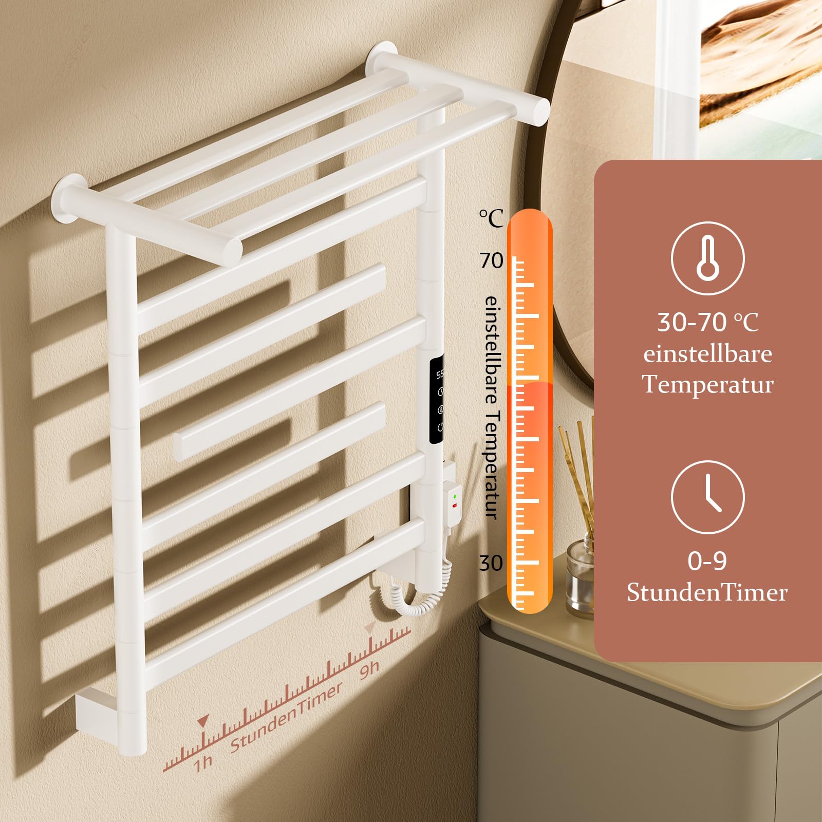 Handtuchheizkörper Elektrisch 180° Drehung 66 x 55cm, 360 W, Badheizkörper Weiß mit Digitaler Bildschirm, Handtuchtrockner Elektrisch mit Timer Und Thermostat 30-70℃, Lagerregal, IPX4