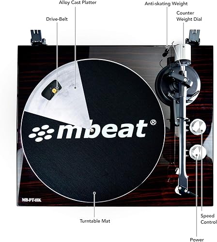 Miniatura 3 de mbeat MB-PT-18K - Tocadiscos de alta fidelidad con cubierta antipolvo extraíble, lápiz MMC, grabación USB, contrapeso Tonearm y antipatinaje,