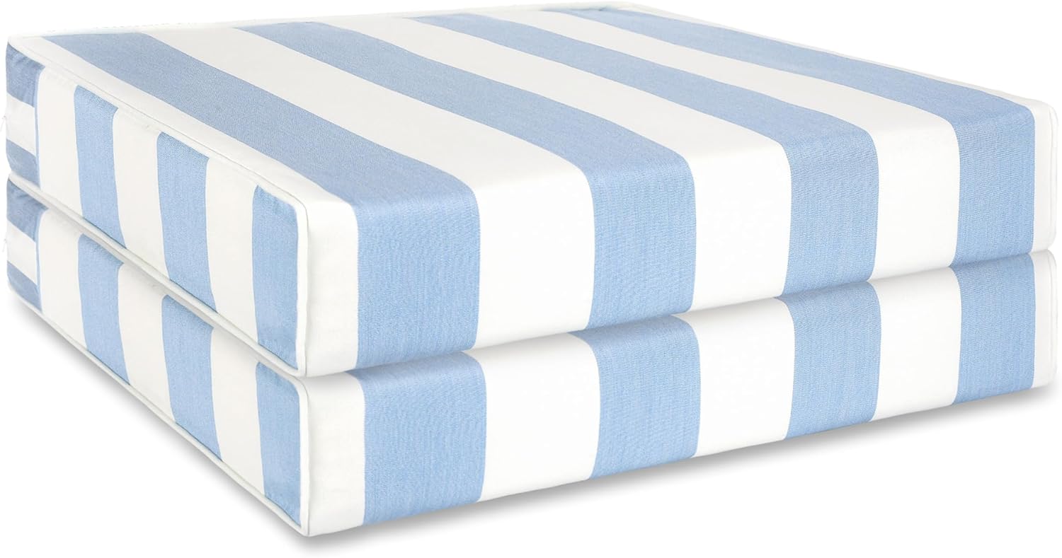 Hofdeco Premium Coastal Hampton Patio Outdoor Seat Cushion Cover Only Set of 2, 20"x20"x4" Water Repellent, UV and Fade Resistant for Backyard, Couch, Poolside, Azure Blue Woven Beach Stripes