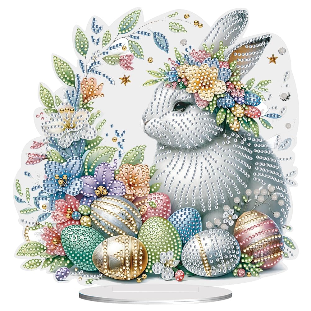 Easter Diamond Art Tabletop Kit, Acrylic Diamond Art Painting Desktop Ornament with Stand, Special Shape Gem Craft Decor for Adults Beginners, Holiday Gift(Easter Bunny Egg Flower)