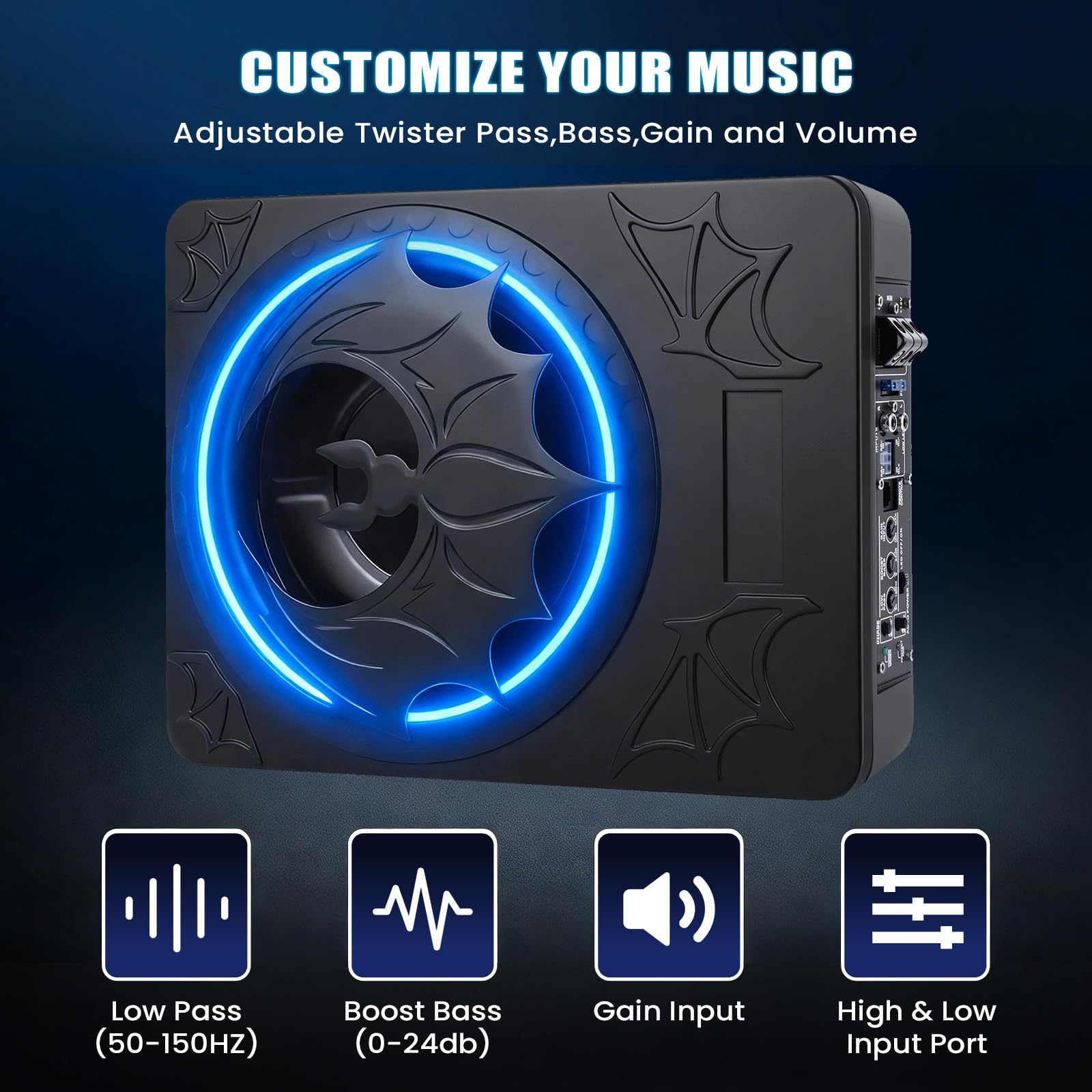 CAMECHO Subwoofer Ultraplano 1200W 70mm Bajo Asiento para Coche con Alimentación: Subsistema con Amplificador Integrado, Entrada de Alto y Bajo Nivel y Control de Volumen para SUVs y Camiones