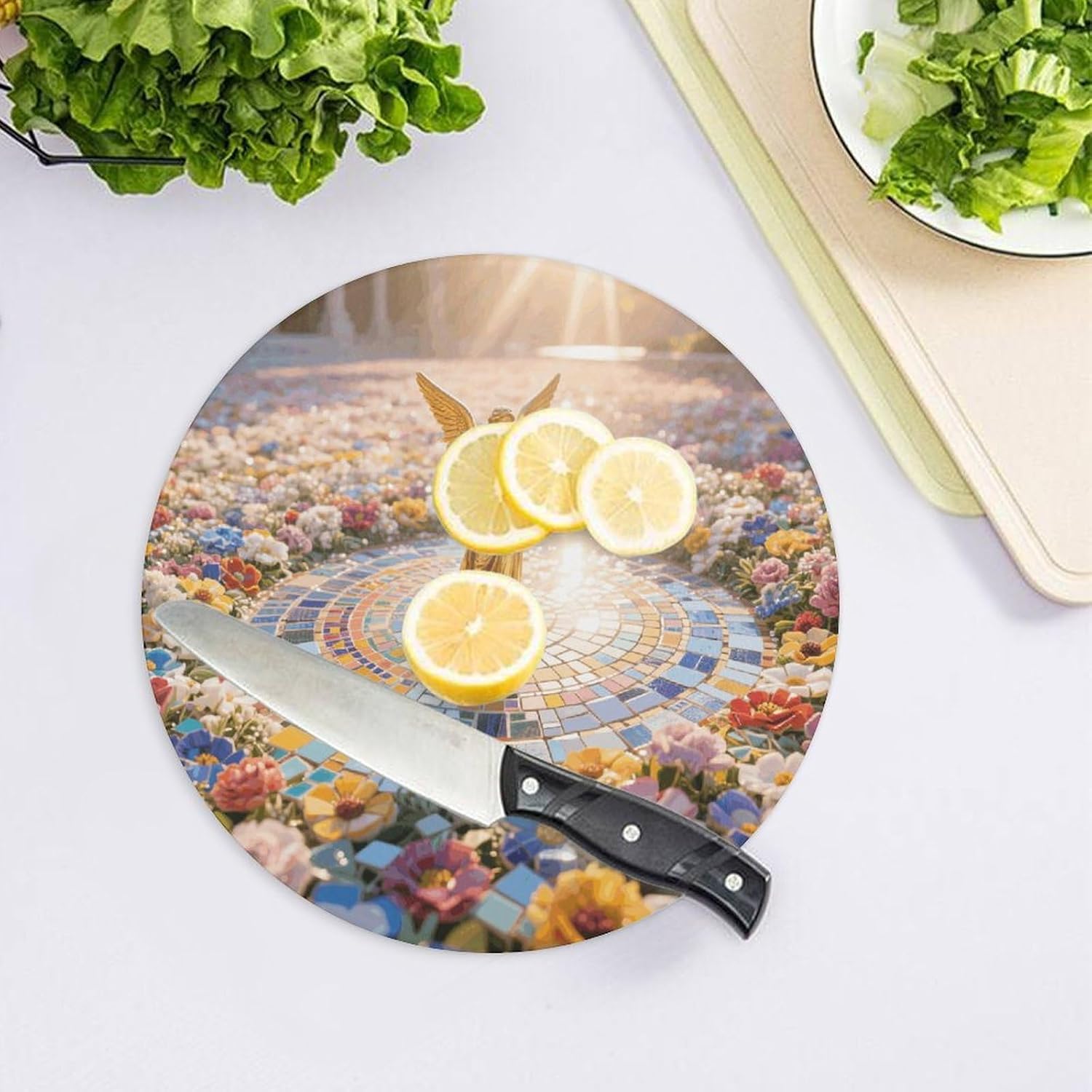 Mosaic Flower Sea with Angel Cutting Board Portable Small Chopping Boards Tempered Glass Kitchen Counter Protector Non-Slip Round Charcuterie Boards Mat for Bar Cheese Board