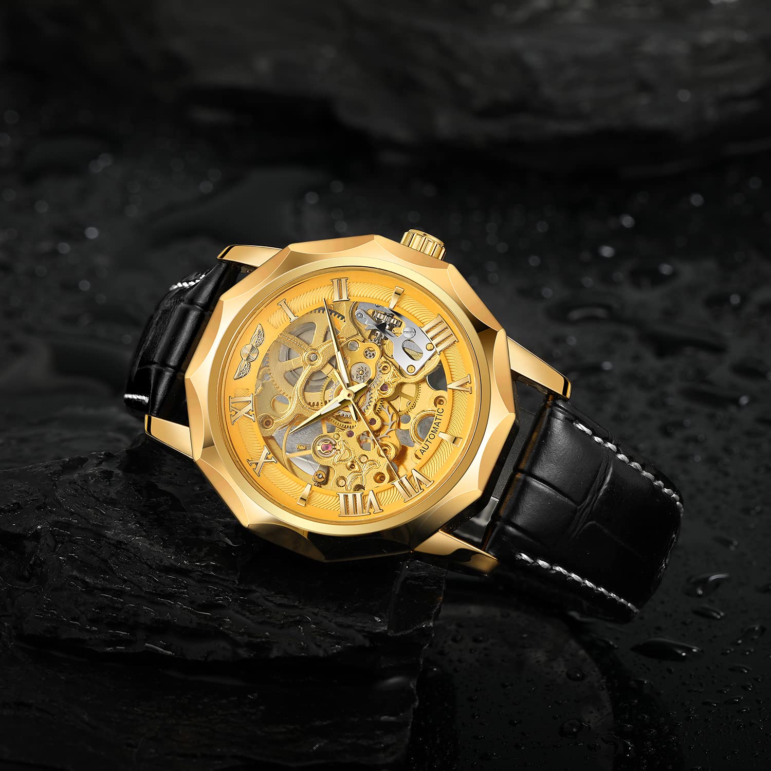 FORSINING Herren-Armbanduhr, automatisch, mechanisch, Dodekagon, Skelett, römische Ziffern, echtes Lederband, Tourbillon-Armbanduhr