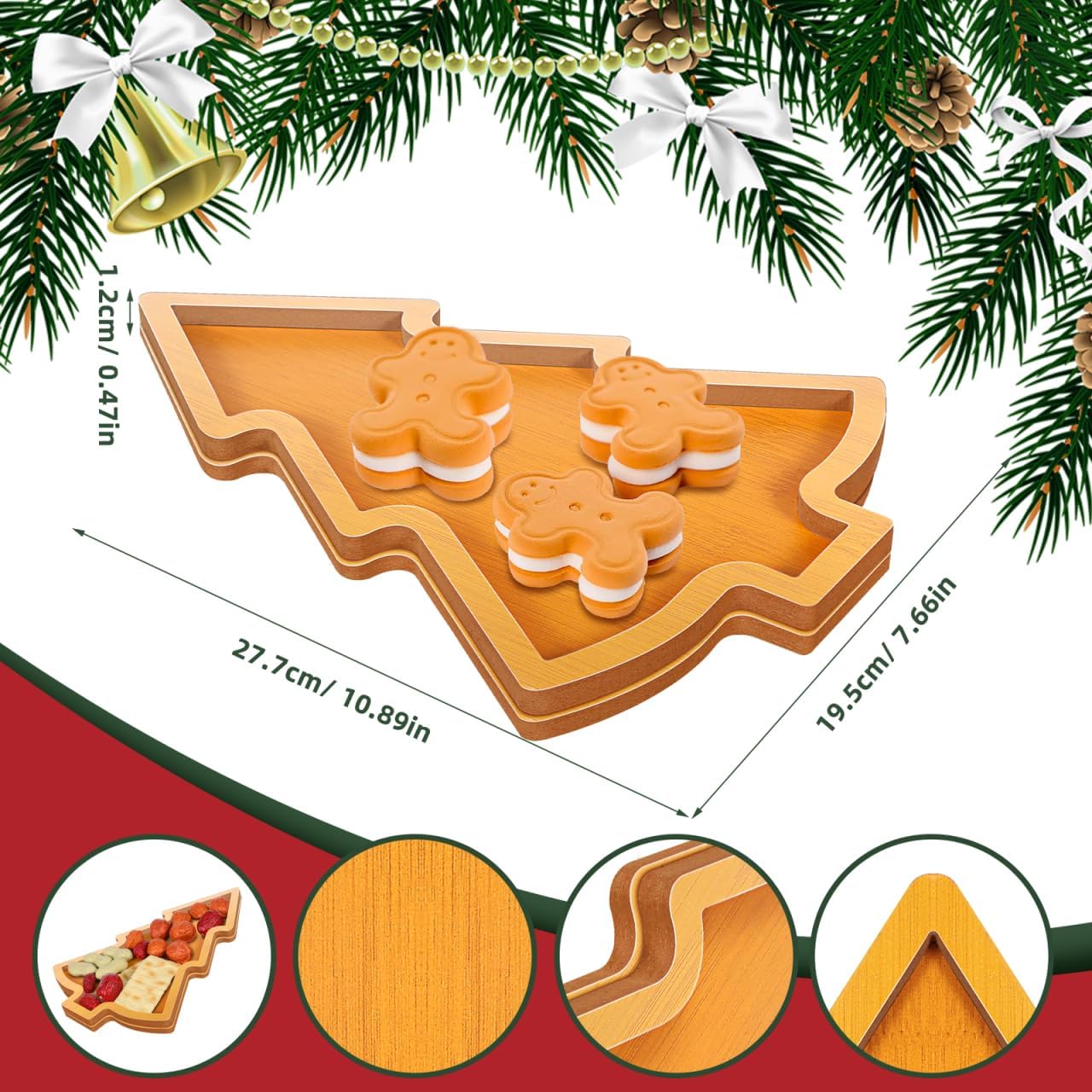 ULTECHNOVO Christmas Tree Shaped Wooden Serving Tray 11 Inch Wood Platter for Snacks Fruits Nuts Appetizer Plate for Holiday Party Kitchen Dining