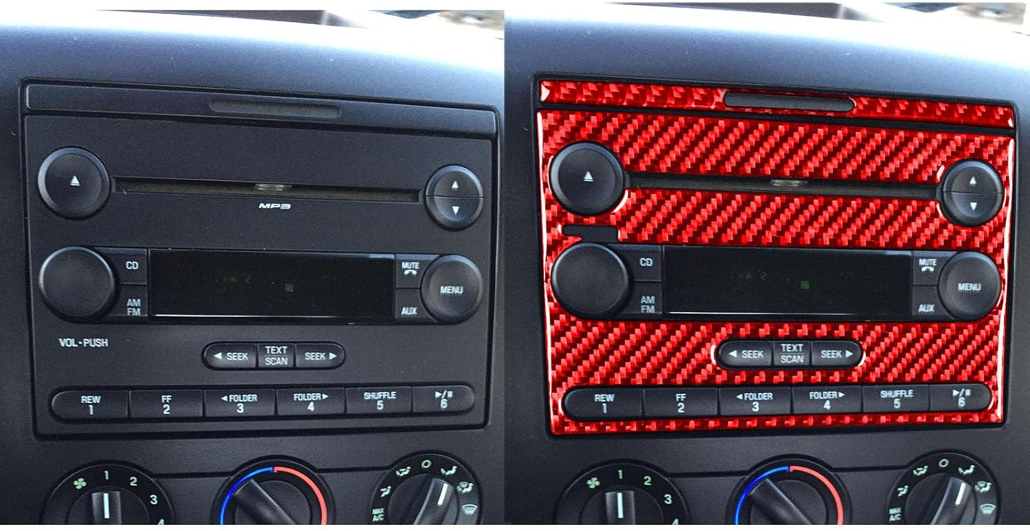 NVCNX Real Carbon Fiber Compatible with Ford 11th Gen F150 F-150 2004-2008 2005 2006 2007 Lariat FX2 Sport FX4 King Ranch STX XLT 5.4 Triton V8 Dash CD Panel Cover Interior Trim Accessories Red - B