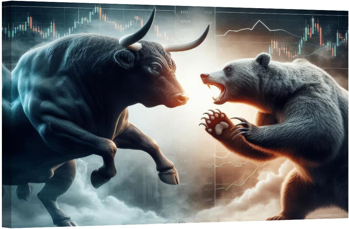 LSIUHWUWI Bull and Bear Canvas Wall Art, Bear Canvas Wall Decor, Bull Pictures Wall Decor, Bear and A Bull Statue Stand in a Stock Exchange Wall Art,Office Wall Art, Wall Decor 24x36 Inch