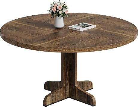 47.2 Inch Round Dining Table with Arched Legs, Wooden Kitchen Table for 4-6 People, Farmhouse Style Circle Dining Room Table Brown