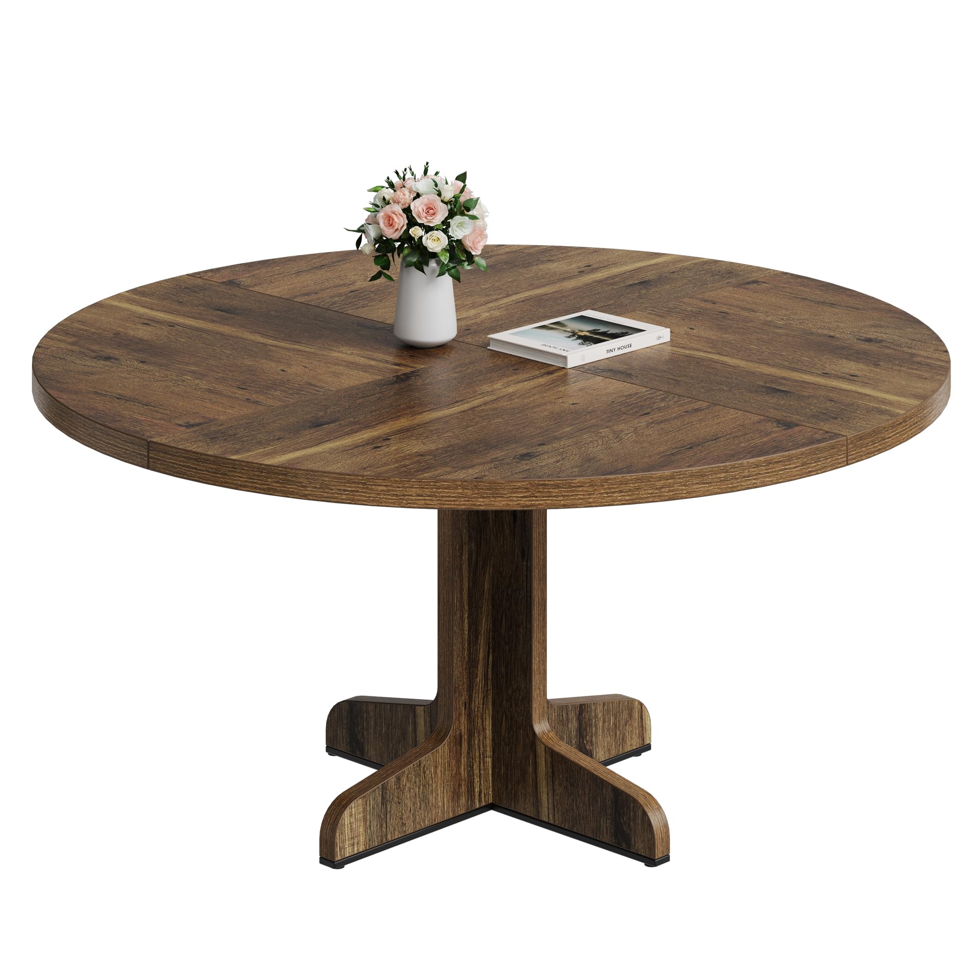 Crevyteg 47.2in Round Dining Table for 4-6 People, Farmhouse Kitchen Table with Wooden Tabletop and Legs, Circle Dinner Tables No Shaking Easy Assemble for Kitchen, Dining Room, or Living Room, Brown