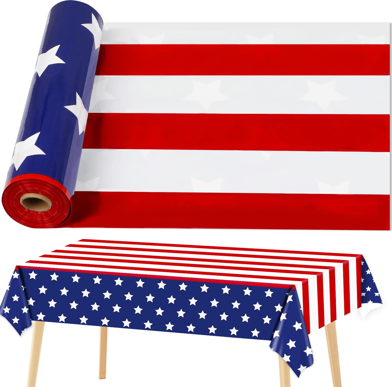 gisgfim Independence Day Decorations Tablecloth Roll 52 in x 100 Ft with Slide Cutter July Plastic Table Cloth Roll American Flag Table Cover for