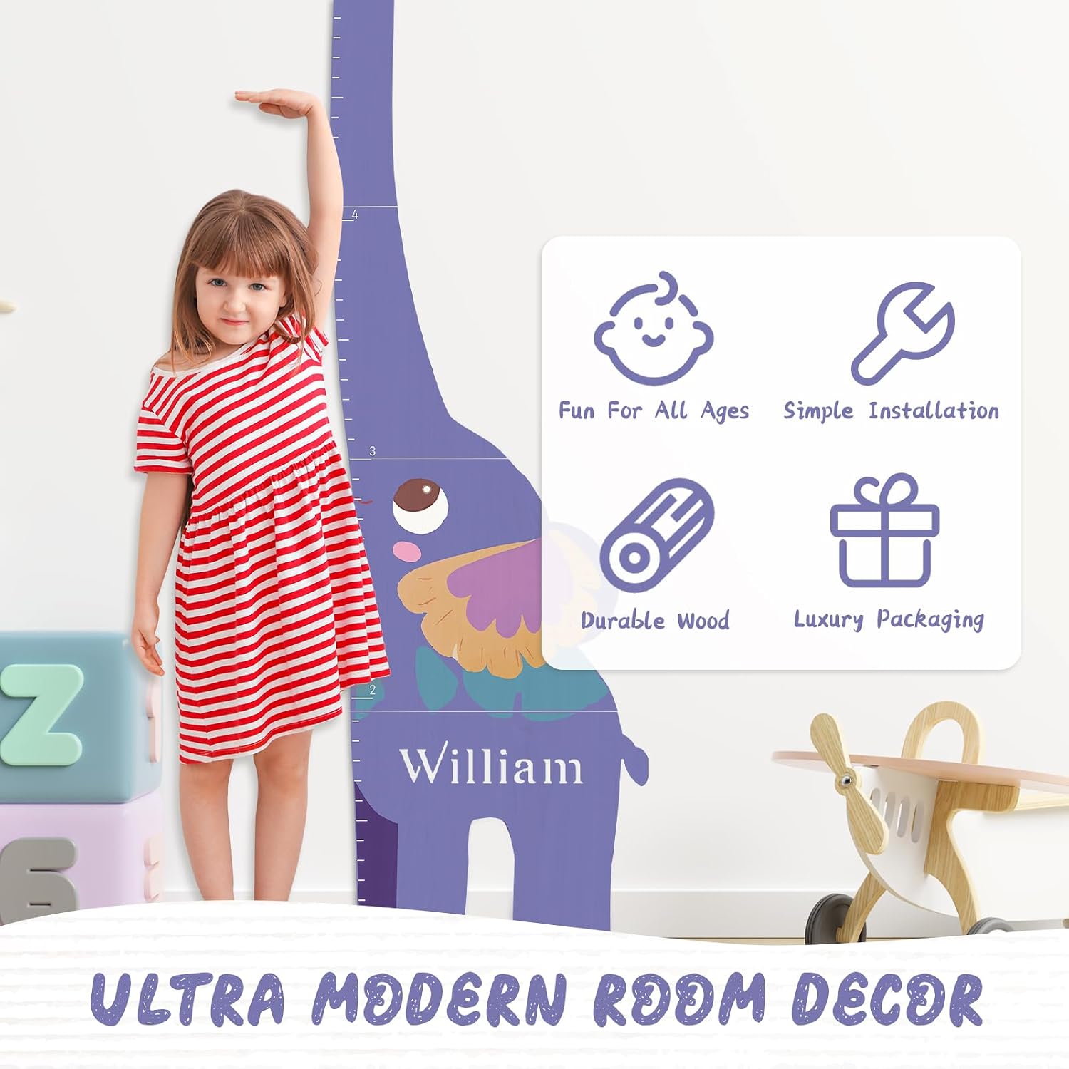 Personalized Name Growth Chart for Kids, Elephant Patchwork Wooden Height Chart for Wall Decor, Baby Boy Girl Measurement Ruler for Room 63" x 15.7"