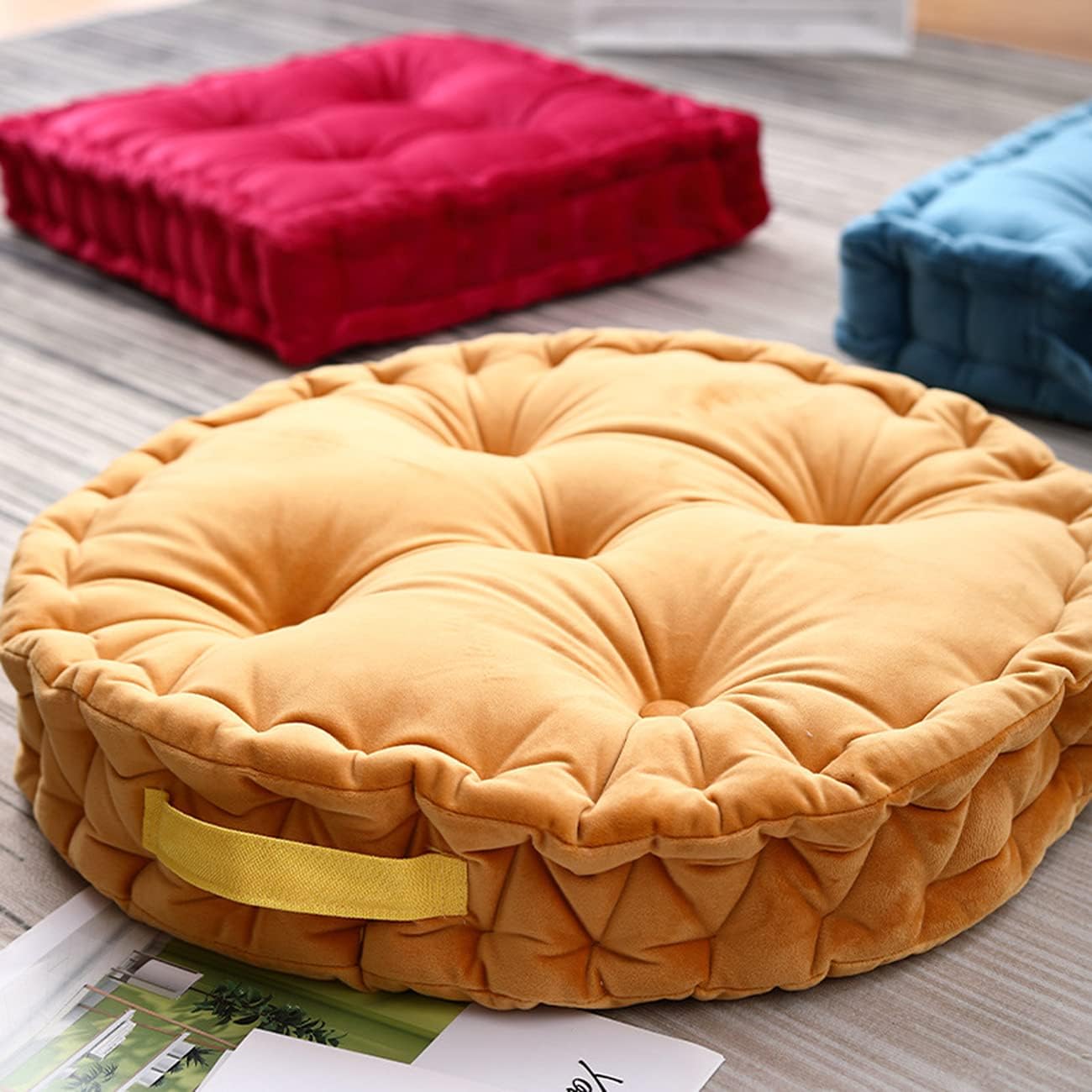 Tufted Velvet Floor Cushion, Square Thick Seating Cushion with Carrying Handle, Patio Meditation Pillow Tatami Chair Pads, 18"x18"x3.9", Coffee