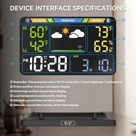 EnvyBox WiFi Weather Station 8.5 LED Display | Privacy-Focused, No App Required, Syncs Weather & Time for Home/Office | Accurate Weather Data, Dual Power Options, Black